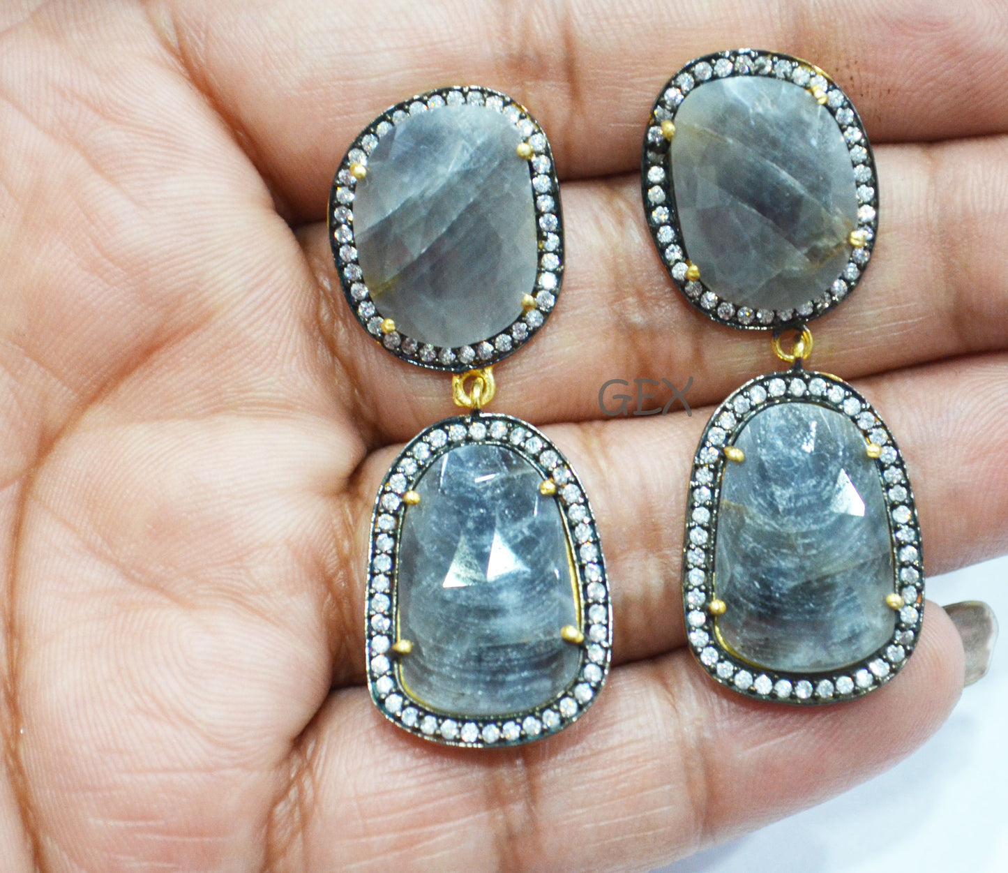 92.5 Sterling Silver Gray Sapphire Faceted Fancy Shape Earring , Gray Sapphire With Pave Cubic Zirconia Earring , 48 mm , E-028