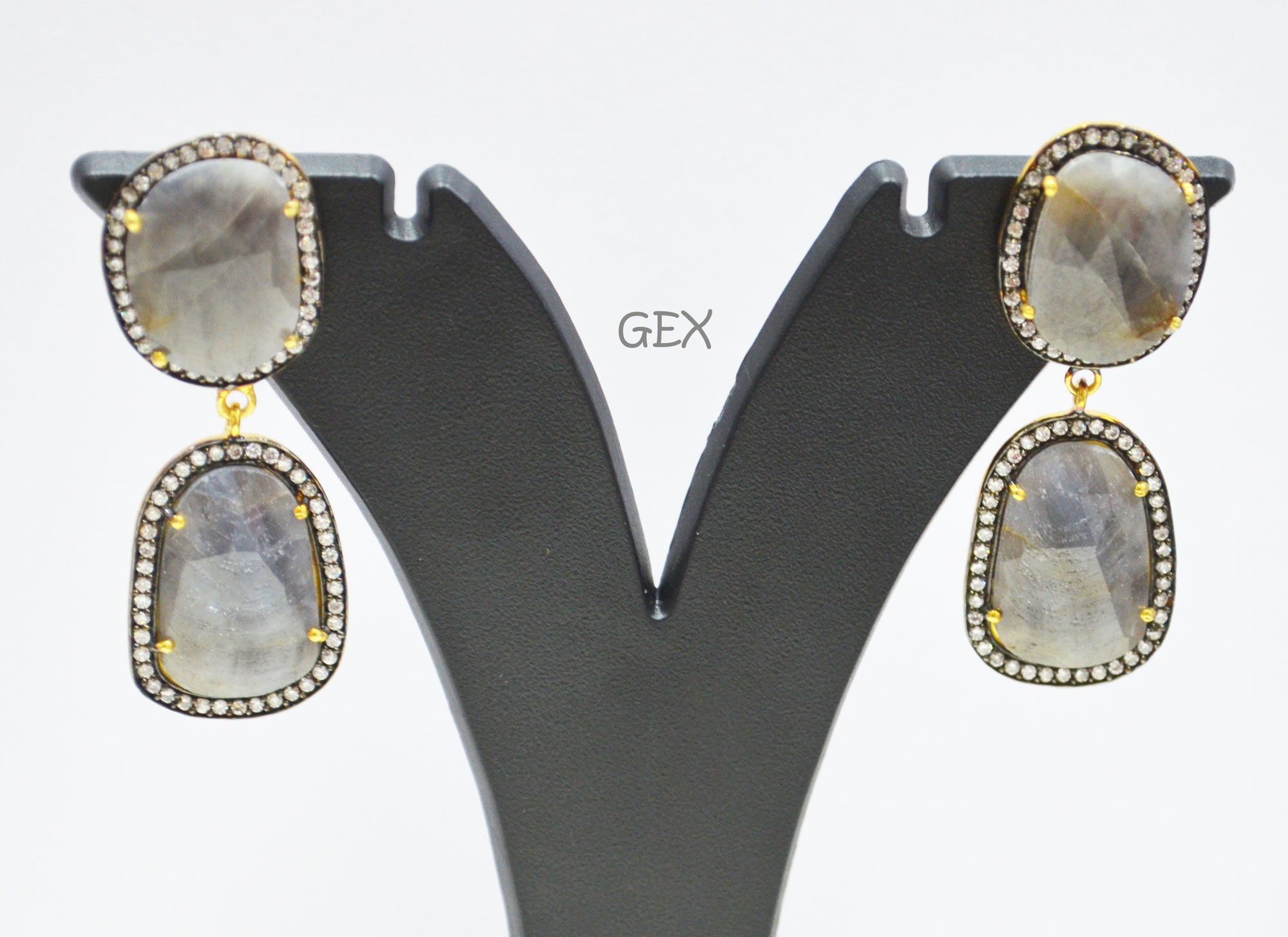 92.5 Sterling Silver Gray Sapphire Faceted Fancy Shape Earring , Gray Sapphire With Pave Cubic Zirconia Earring , 48 mm , E-028