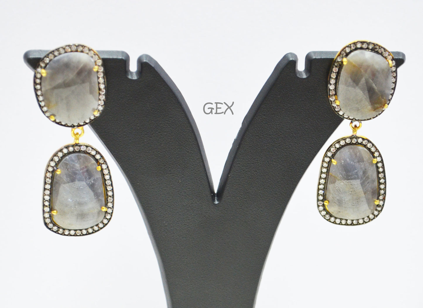 92.5 Sterling Silver Gray Sapphire Faceted Fancy Shape Earring , Gray Sapphire With Pave Cubic Zirconia Earring , 48 mm , E-028