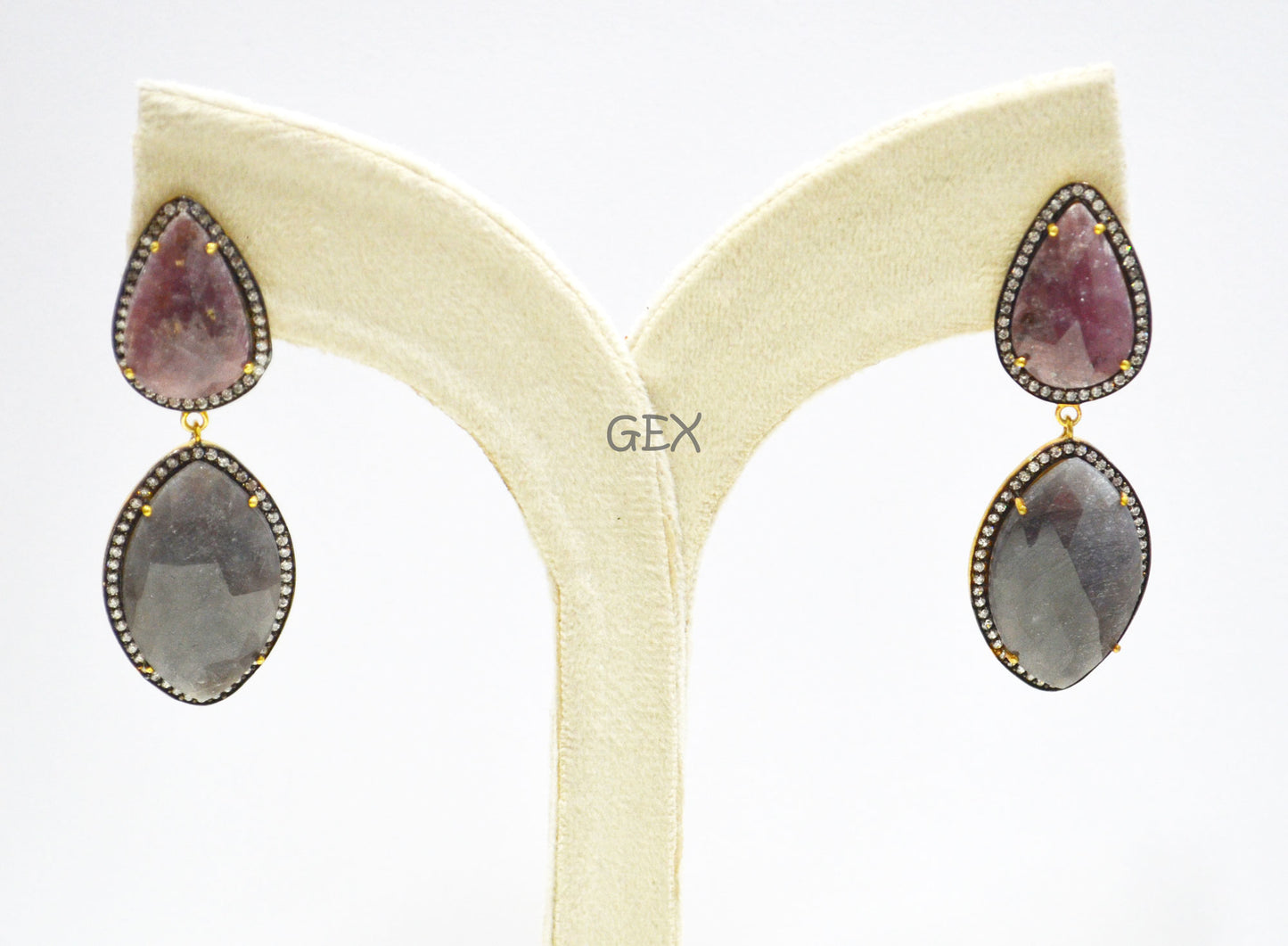 92.5 Sterling Silver Shaded Ruby And Gray Sapphire Faceted Fancy Shape Earring , Shaded Ruby And Gray Sapphire With Pave Cubic Zirconia Earring , 59 mm , E-029