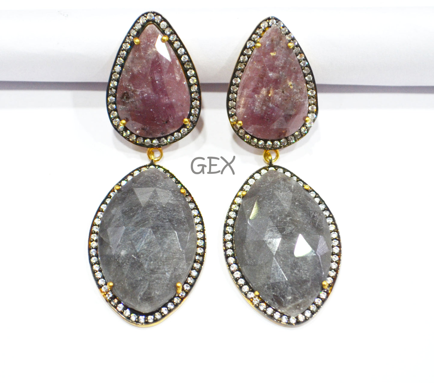 92.5 Sterling Silver Shaded Ruby And Gray Sapphire Faceted Fancy Shape Earring , Shaded Ruby And Gray Sapphire With Pave Cubic Zirconia Earring , 59 mm , E-029