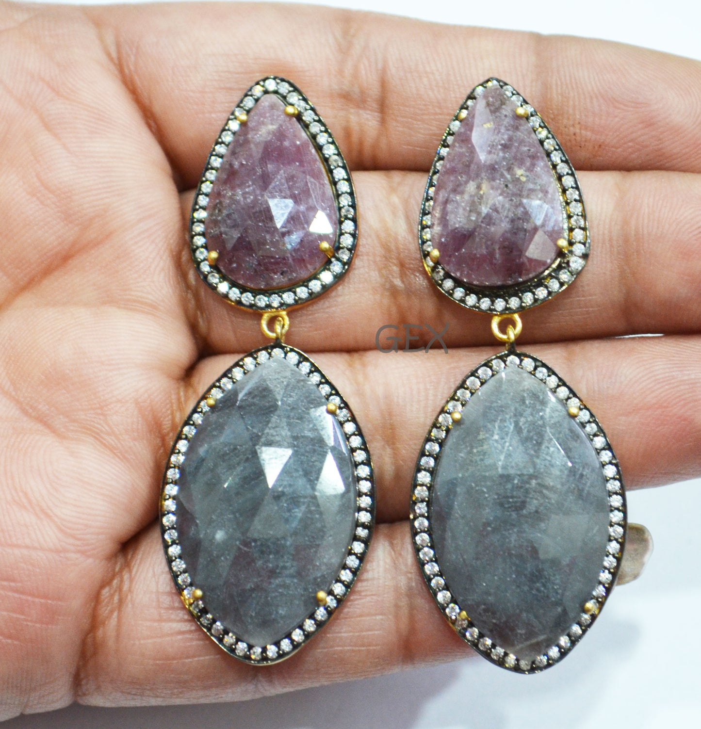 92.5 Sterling Silver Shaded Ruby And Gray Sapphire Faceted Fancy Shape Earring , Shaded Ruby And Gray Sapphire With Pave Cubic Zirconia Earring , 59 mm , E-029