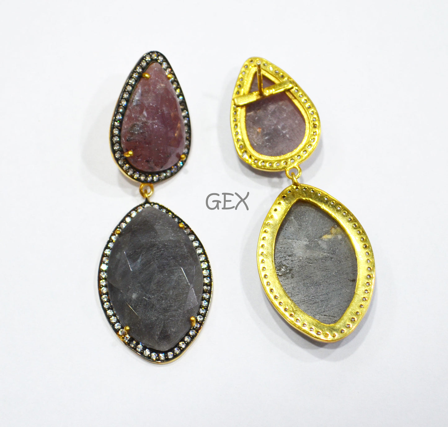 92.5 Sterling Silver Shaded Ruby And Gray Sapphire Faceted Fancy Shape Earring , Shaded Ruby And Gray Sapphire With Pave Cubic Zirconia Earring , 59 mm , E-029
