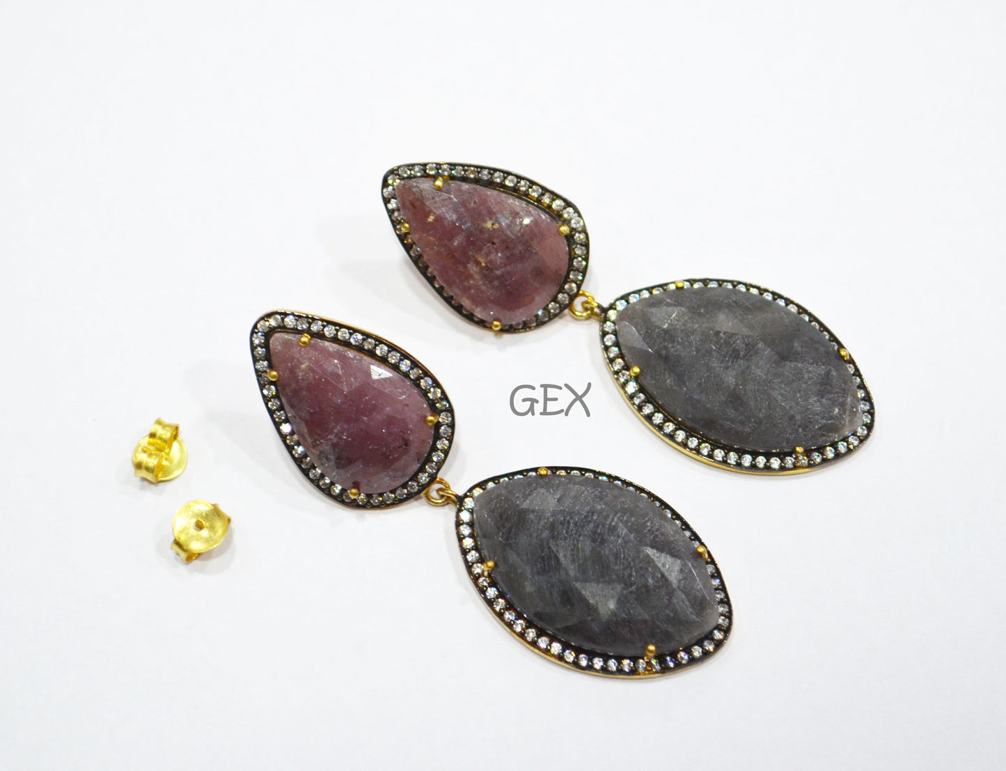 92.5 Sterling Silver Shaded Ruby And Gray Sapphire Faceted Fancy Shape Earring , Shaded Ruby And Gray Sapphire With Pave Cubic Zirconia Earring , 59 mm , E-029
