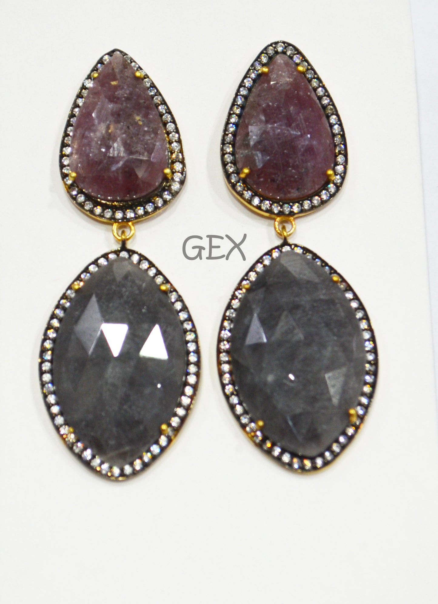 92.5 Sterling Silver Shaded Ruby And Gray Sapphire Faceted Fancy Shape Earring , Shaded Ruby And Gray Sapphire With Pave Cubic Zirconia Earring , 59 mm , E-029
