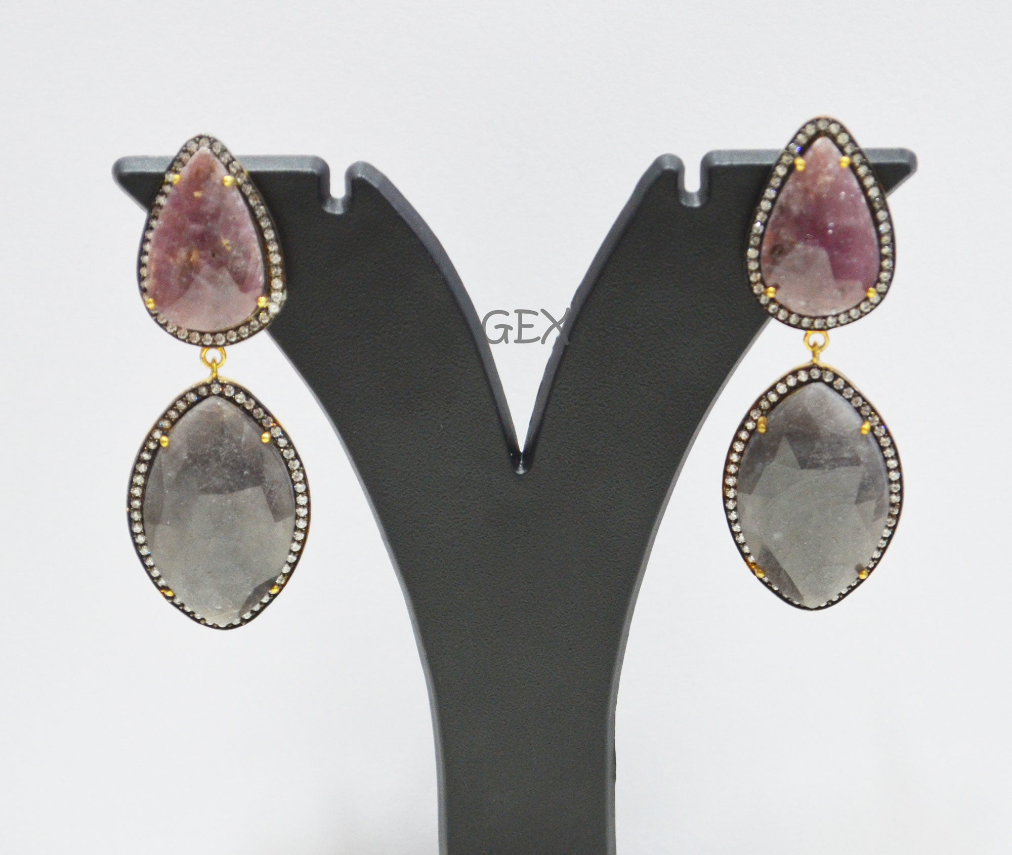 92.5 Sterling Silver Shaded Ruby And Gray Sapphire Faceted Fancy Shape Earring , Shaded Ruby And Gray Sapphire With Pave Cubic Zirconia Earring , 59 mm , E-029