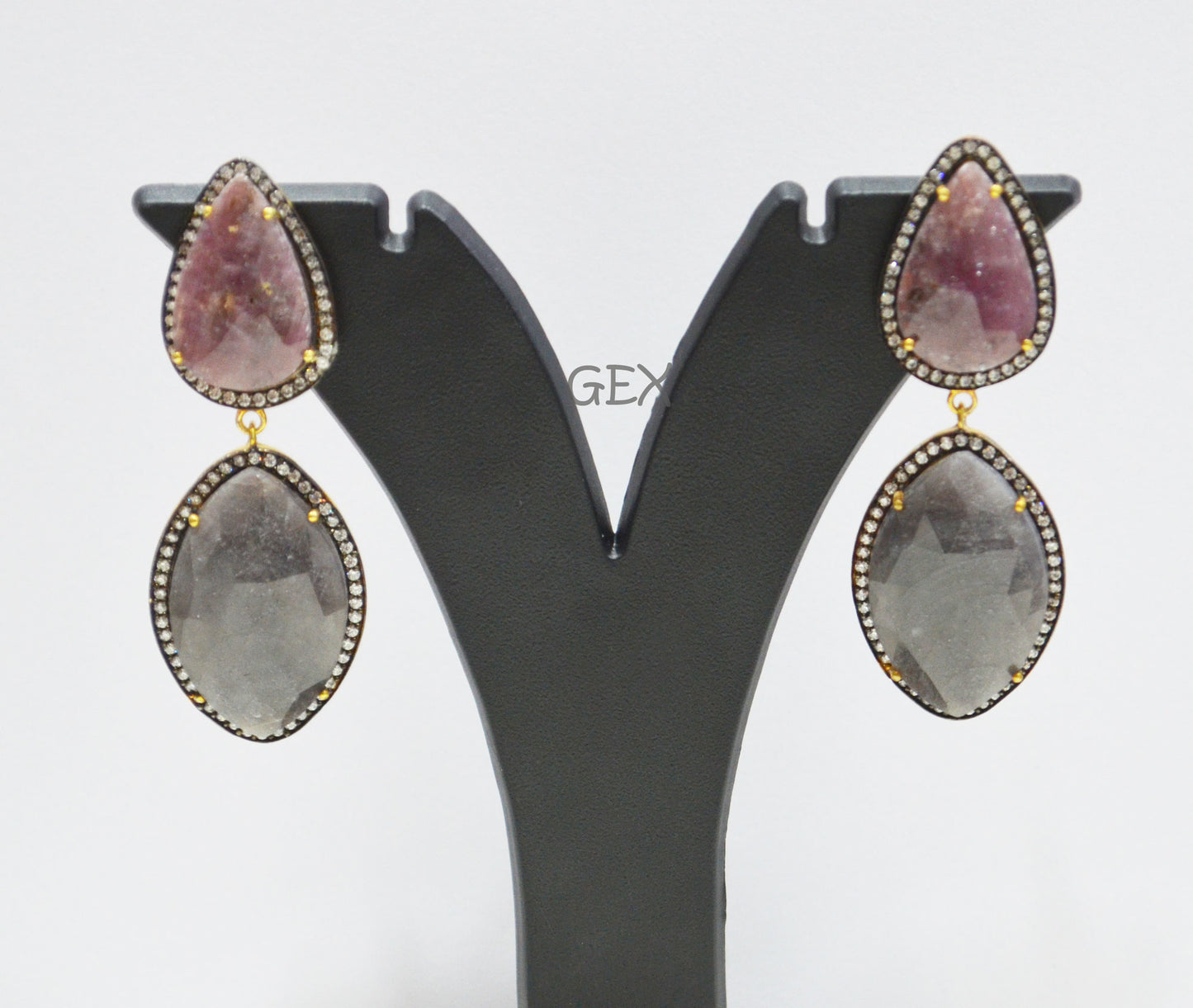 92.5 Sterling Silver Shaded Ruby And Gray Sapphire Faceted Fancy Shape Earring , Shaded Ruby And Gray Sapphire With Pave Cubic Zirconia Earring , 59 mm , E-029