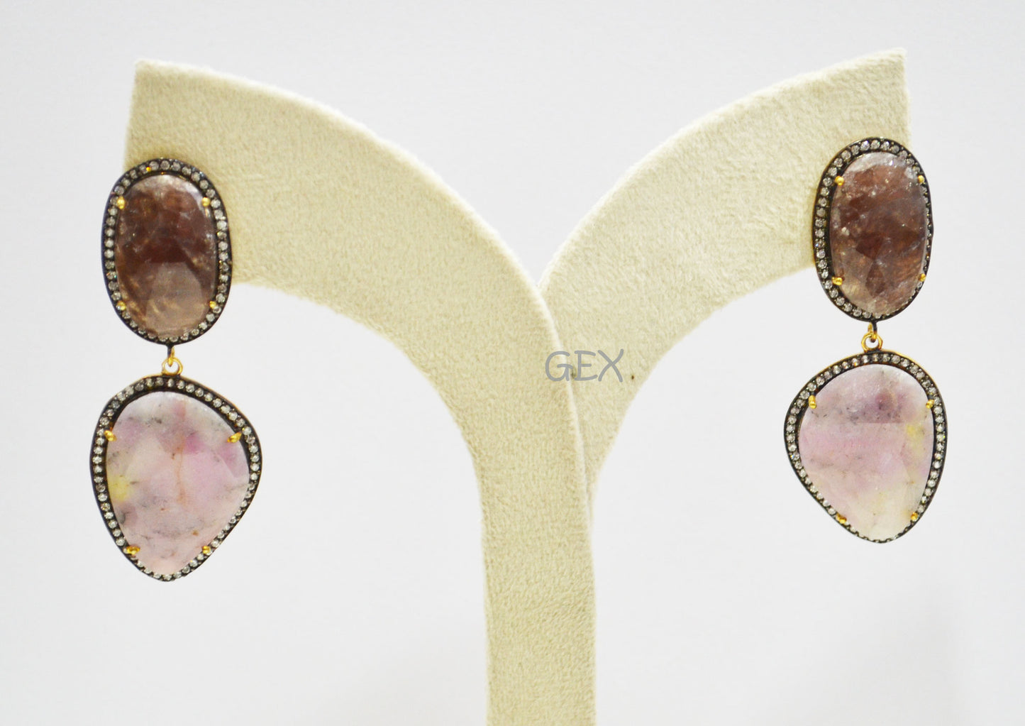92.5 Sterling Silver Shaded White Purple And Brown Sapphire Faceted Fancy Shape Earring , Shaded White Purple And Brown Sapphire With Pave Cubic Zirconia Earring , 60 mm , E-030