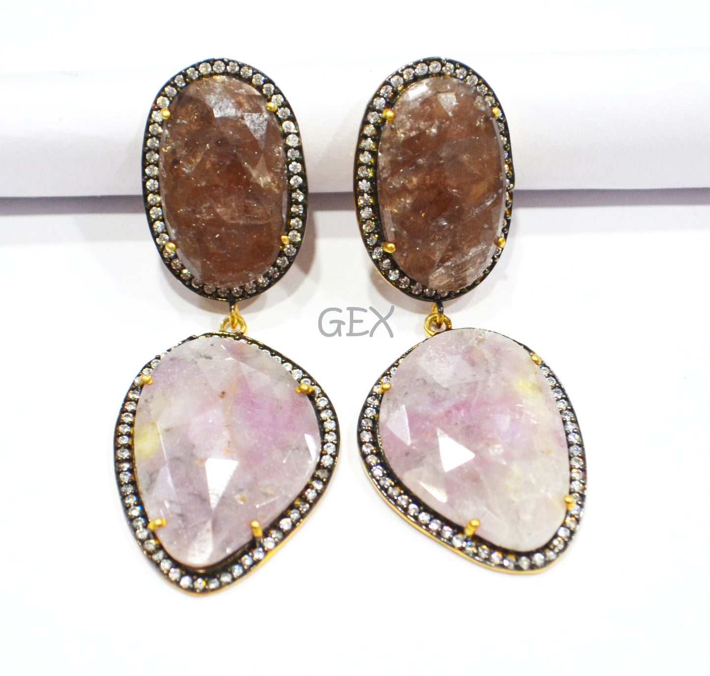 92.5 Sterling Silver Shaded White Purple And Brown Sapphire Faceted Fancy Shape Earring , Shaded White Purple And Brown Sapphire With Pave Cubic Zirconia Earring , 60 mm , E-030