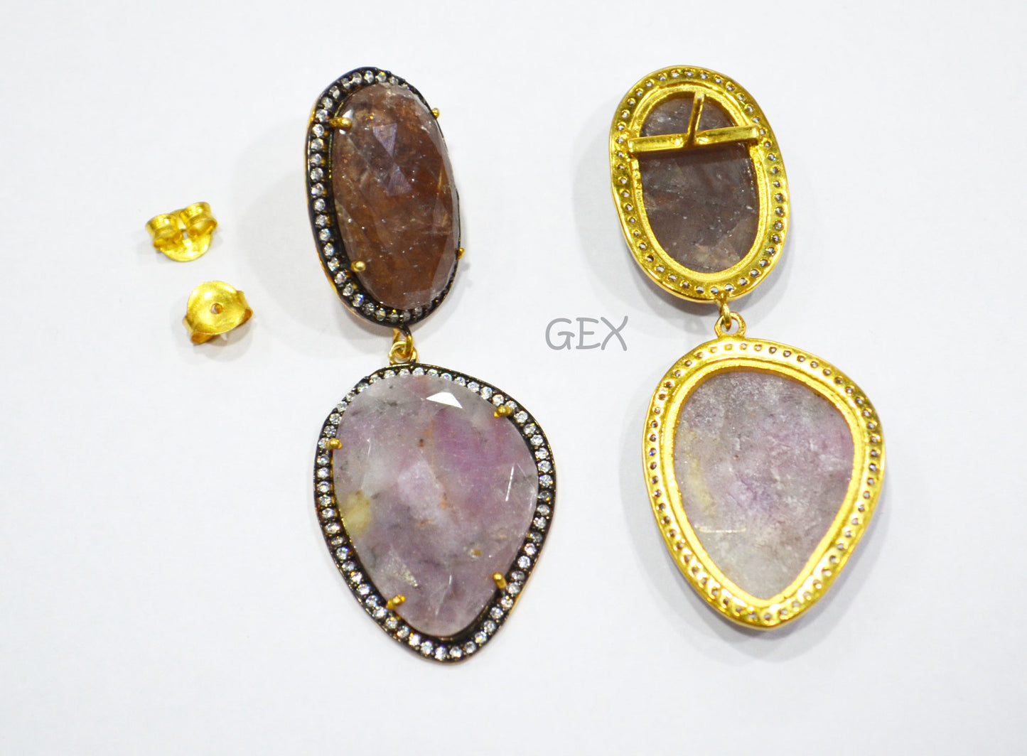 92.5 Sterling Silver Shaded White Purple And Brown Sapphire Faceted Fancy Shape Earring , Shaded White Purple And Brown Sapphire With Pave Cubic Zirconia Earring , 60 mm , E-030