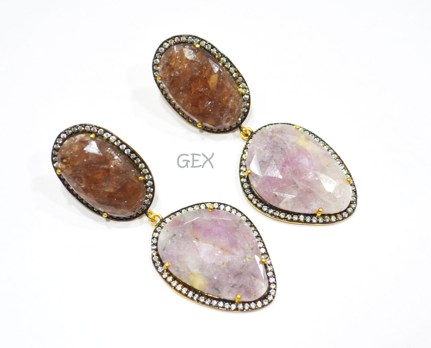 92.5 Sterling Silver Shaded White Purple And Brown Sapphire Faceted Fancy Shape Earring , Shaded White Purple And Brown Sapphire With Pave Cubic Zirconia Earring , 60 mm , E-030