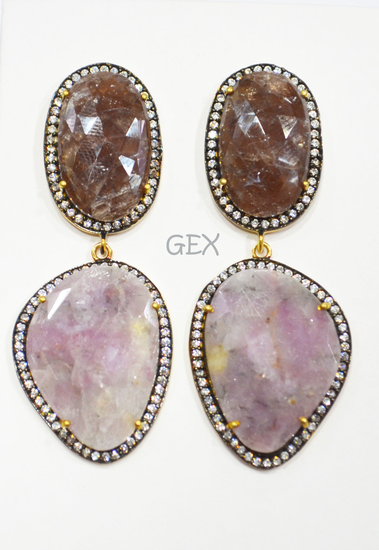 92.5 Sterling Silver Shaded White Purple And Brown Sapphire Faceted Fancy Shape Earring , Shaded White Purple And Brown Sapphire With Pave Cubic Zirconia Earring , 60 mm , E-030