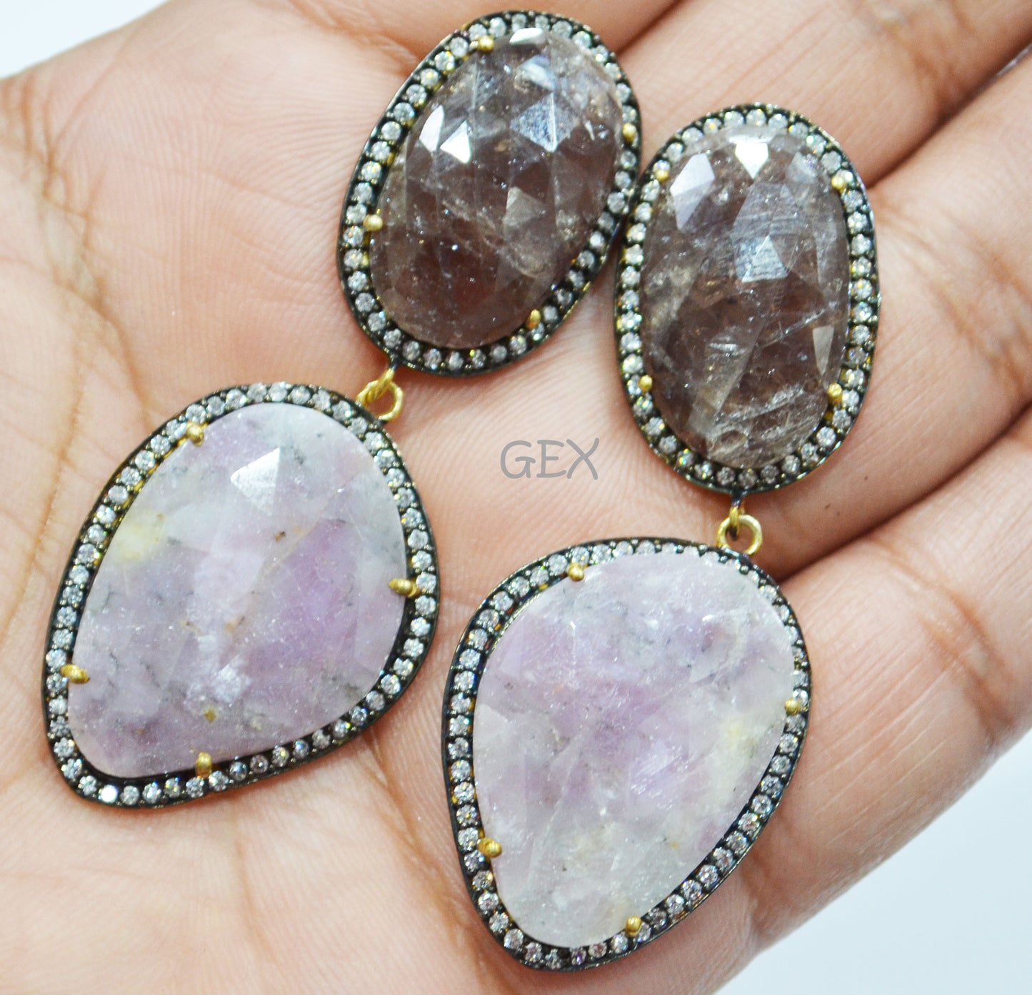 92.5 Sterling Silver Shaded White Purple And Brown Sapphire Faceted Fancy Shape Earring , Shaded White Purple And Brown Sapphire With Pave Cubic Zirconia Earring , 60 mm , E-030