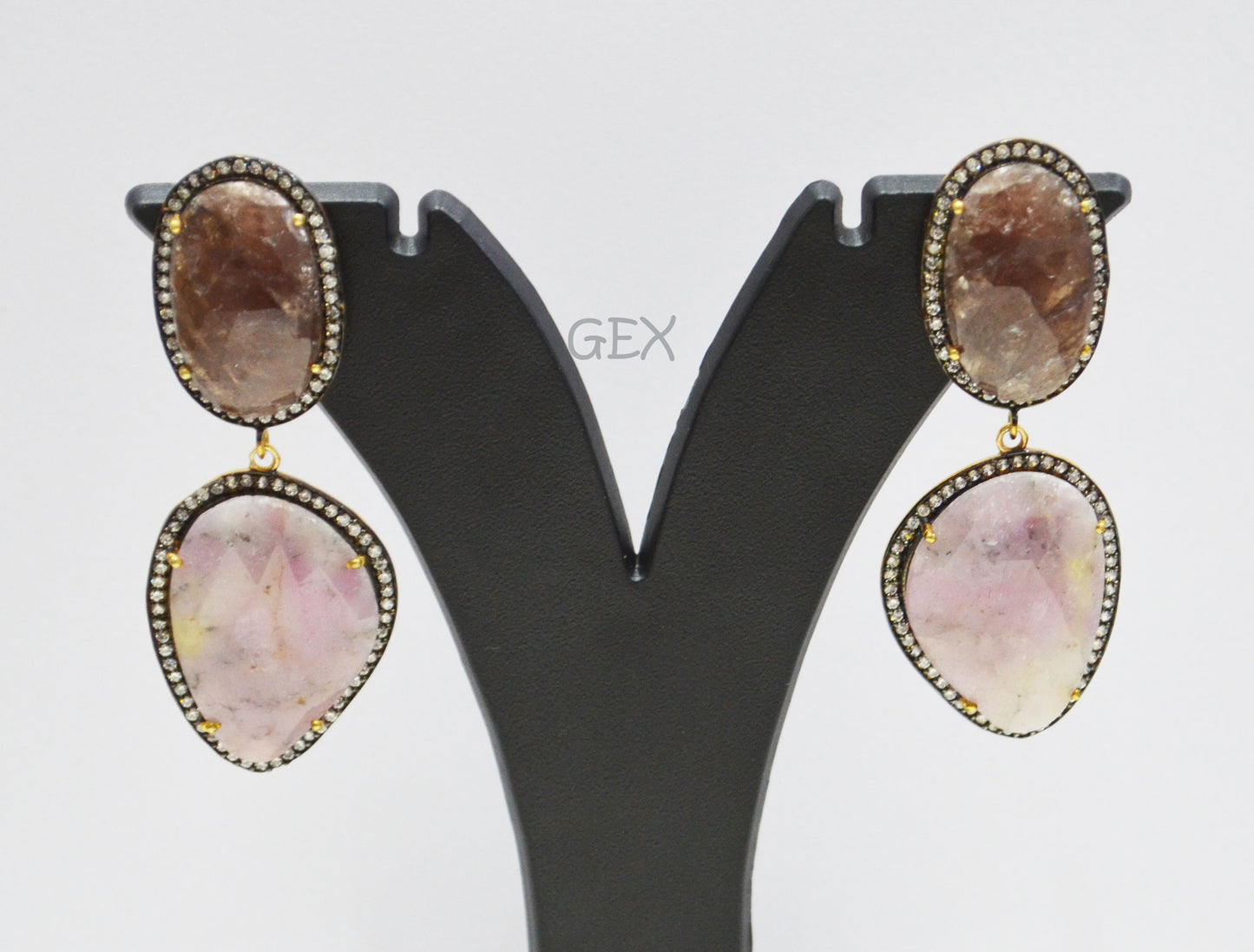 92.5 Sterling Silver Shaded White Purple And Brown Sapphire Faceted Fancy Shape Earring , Shaded White Purple And Brown Sapphire With Pave Cubic Zirconia Earring , 60 mm , E-030