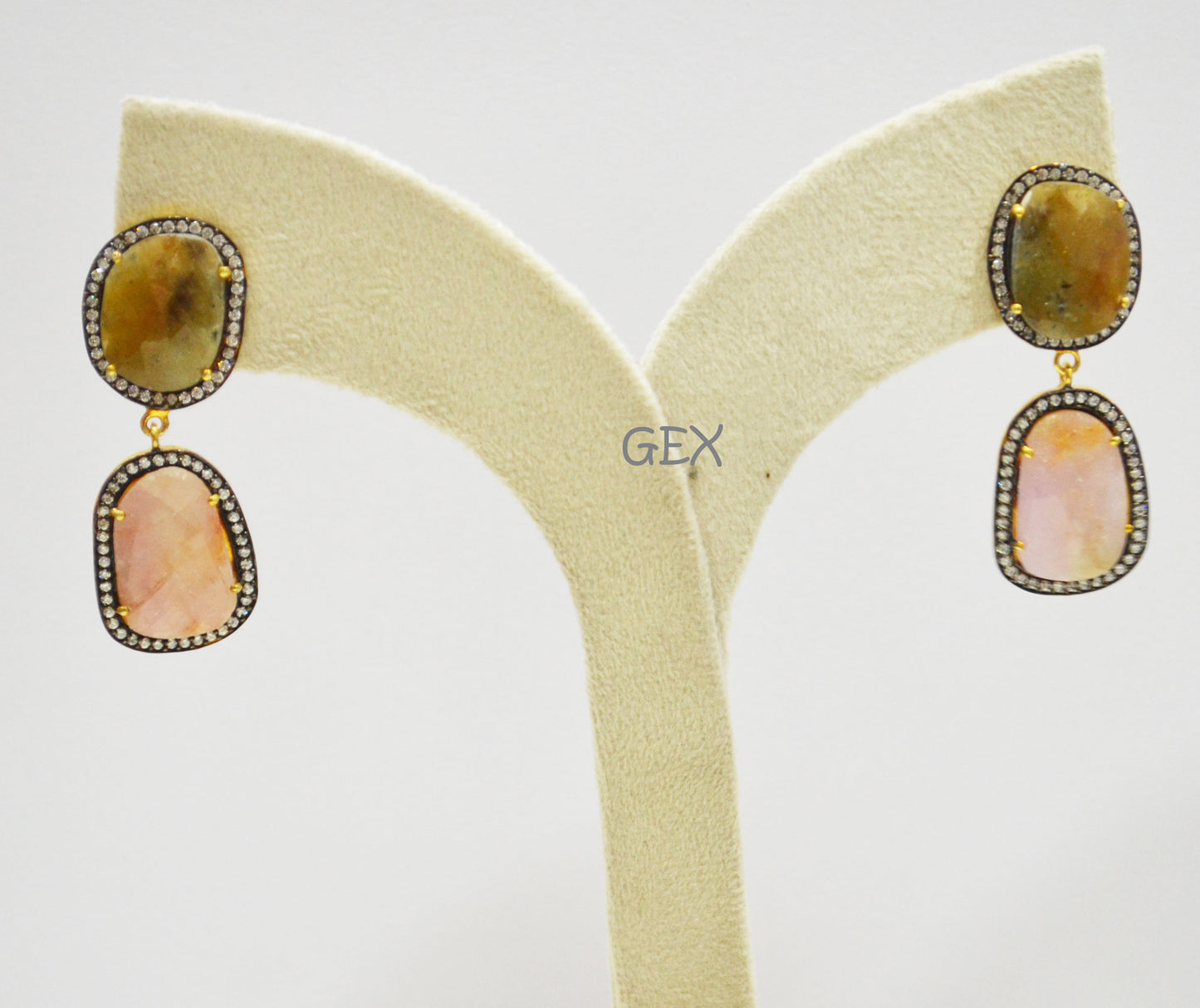 92.5 Sterling Silver Shaded Pink And Yellow Sapphire Faceted Fancy Shape Earring , Shaded Pink And Yellow Sapphire With Pave Cubic Zirconia Earring , 48 mm , E-031