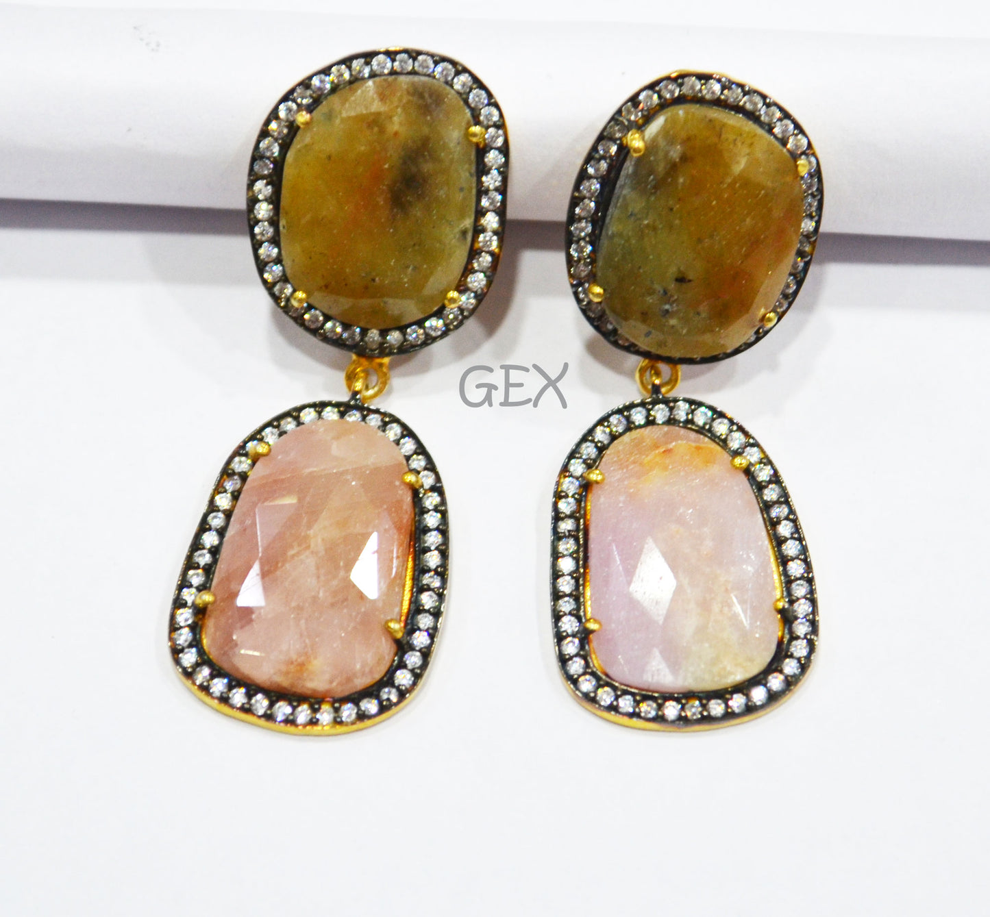 92.5 Sterling Silver Shaded Pink And Yellow Sapphire Faceted Fancy Shape Earring , Shaded Pink And Yellow Sapphire With Pave Cubic Zirconia Earring , 48 mm , E-031