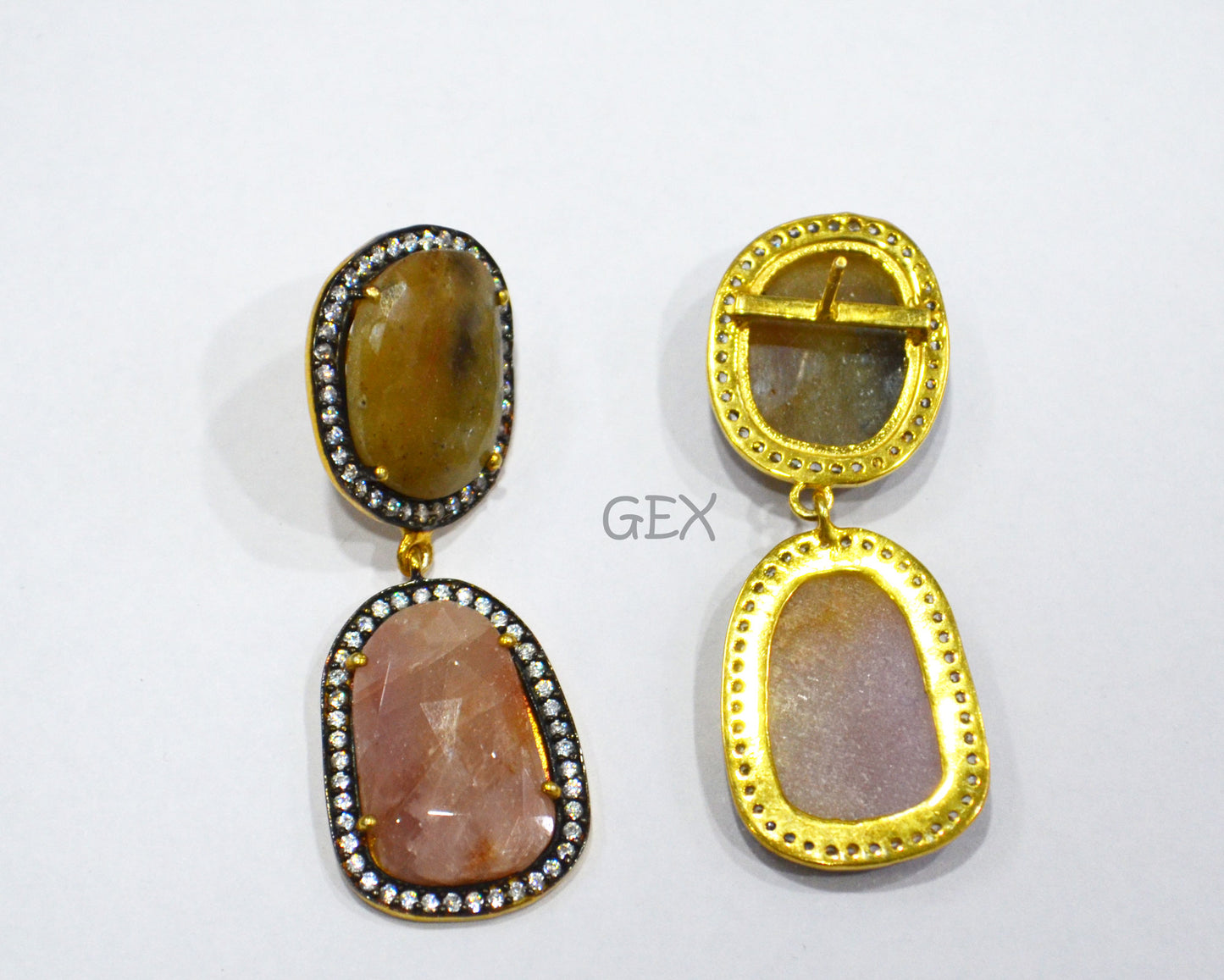 92.5 Sterling Silver Shaded Pink And Yellow Sapphire Faceted Fancy Shape Earring , Shaded Pink And Yellow Sapphire With Pave Cubic Zirconia Earring , 48 mm , E-031