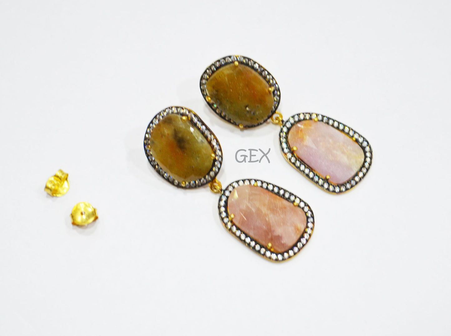 92.5 Sterling Silver Shaded Pink And Yellow Sapphire Faceted Fancy Shape Earring , Shaded Pink And Yellow Sapphire With Pave Cubic Zirconia Earring , 48 mm , E-031