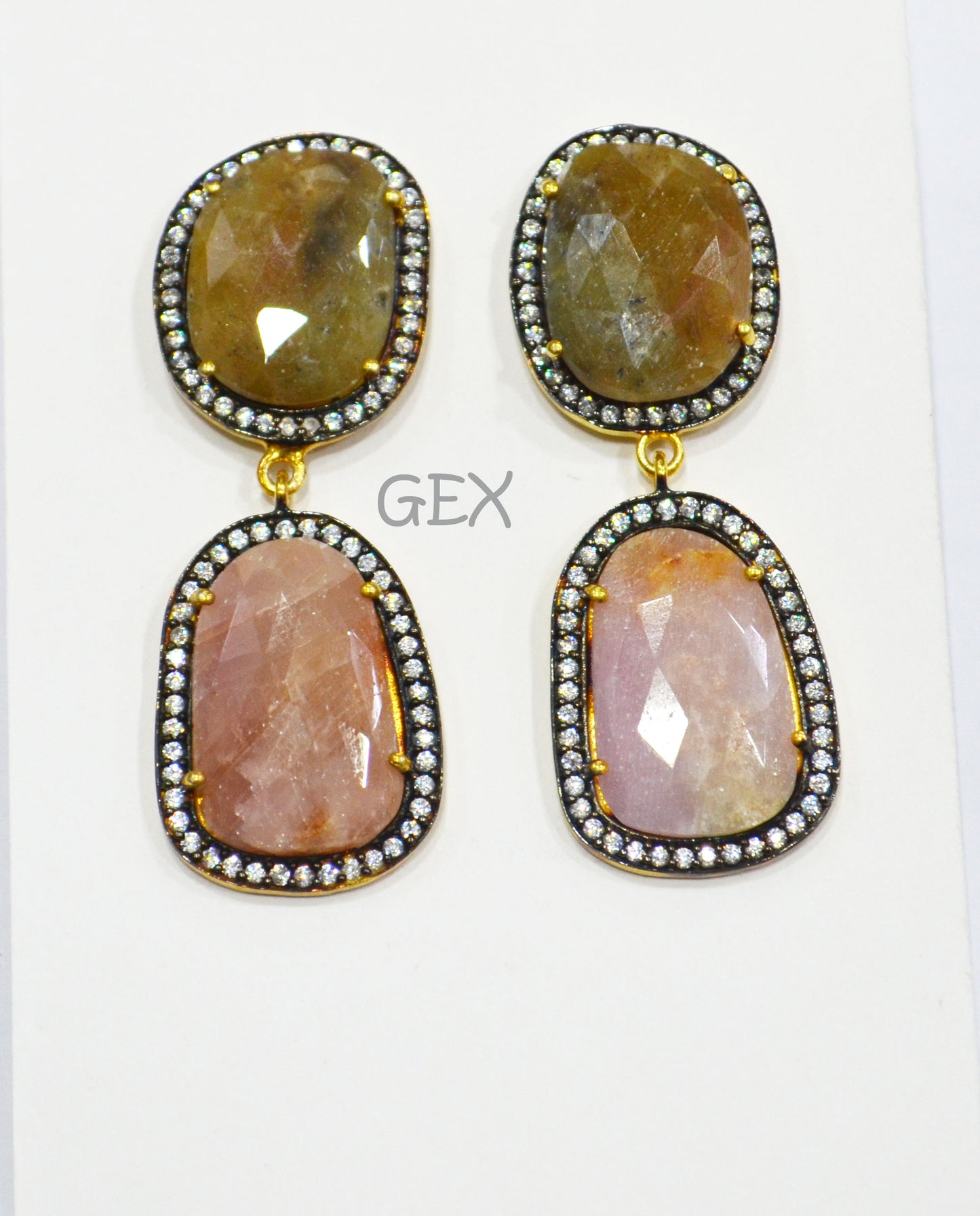 92.5 Sterling Silver Shaded Pink And Yellow Sapphire Faceted Fancy Shape Earring , Shaded Pink And Yellow Sapphire With Pave Cubic Zirconia Earring , 48 mm , E-031