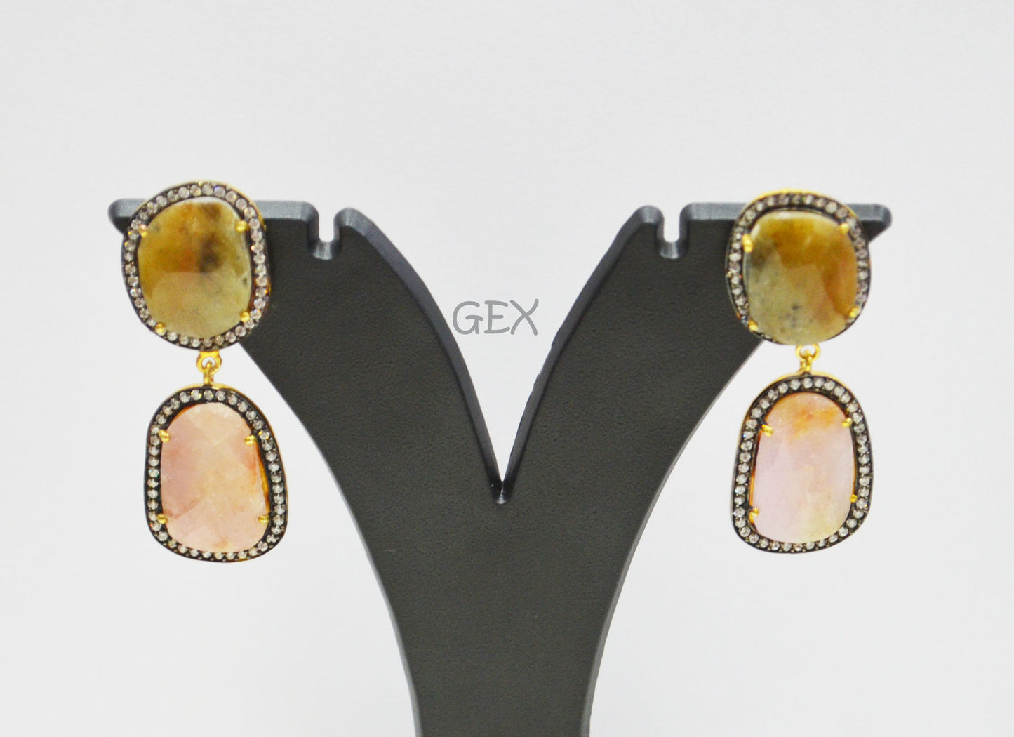 92.5 Sterling Silver Shaded Pink And Yellow Sapphire Faceted Fancy Shape Earring , Shaded Pink And Yellow Sapphire With Pave Cubic Zirconia Earring , 48 mm , E-031