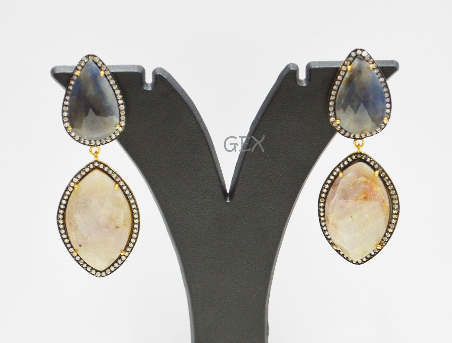 92.5 Sterling Silver Shaded Blue And Gray Sapphire Faceted Fancy Shape Earring , Shaded Blue And Gray Sapphire With Pave Cubic Zirconia Earring , 62 mm , E-032