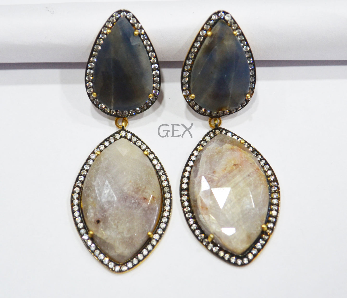92.5 Sterling Silver Shaded Blue And Gray Sapphire Faceted Fancy Shape Earring , Shaded Blue And Gray Sapphire With Pave Cubic Zirconia Earring , 62 mm , E-032
