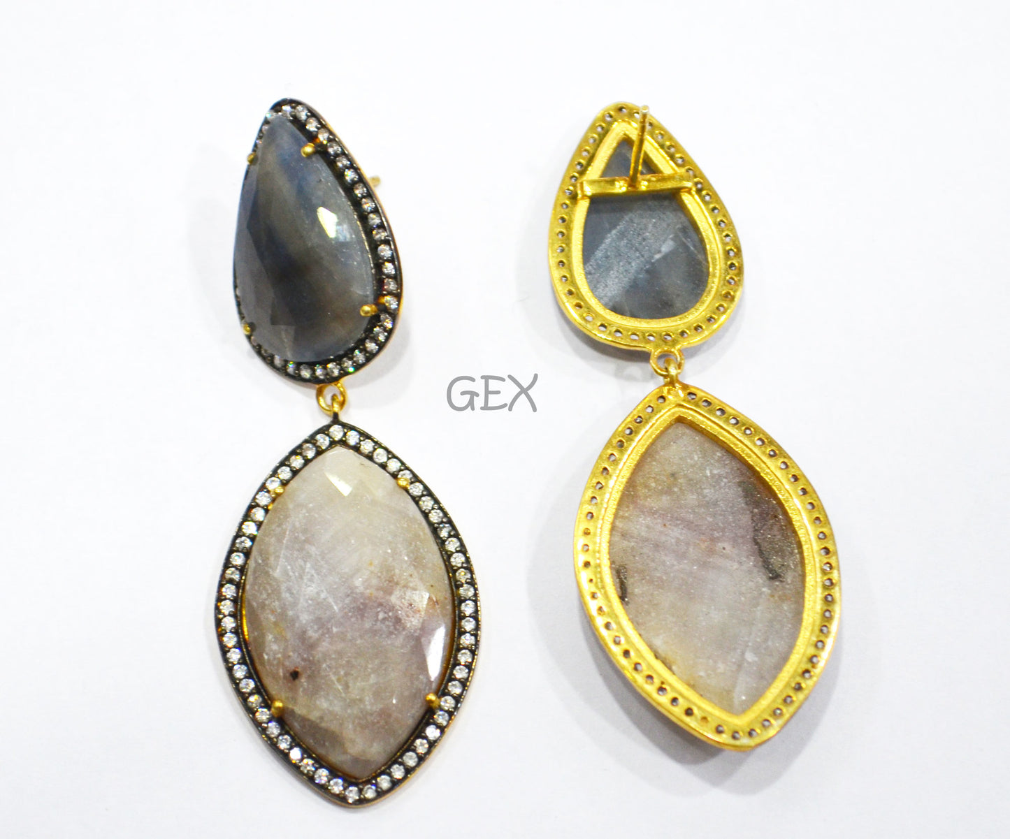92.5 Sterling Silver Shaded Blue And Gray Sapphire Faceted Fancy Shape Earring , Shaded Blue And Gray Sapphire With Pave Cubic Zirconia Earring , 62 mm , E-032