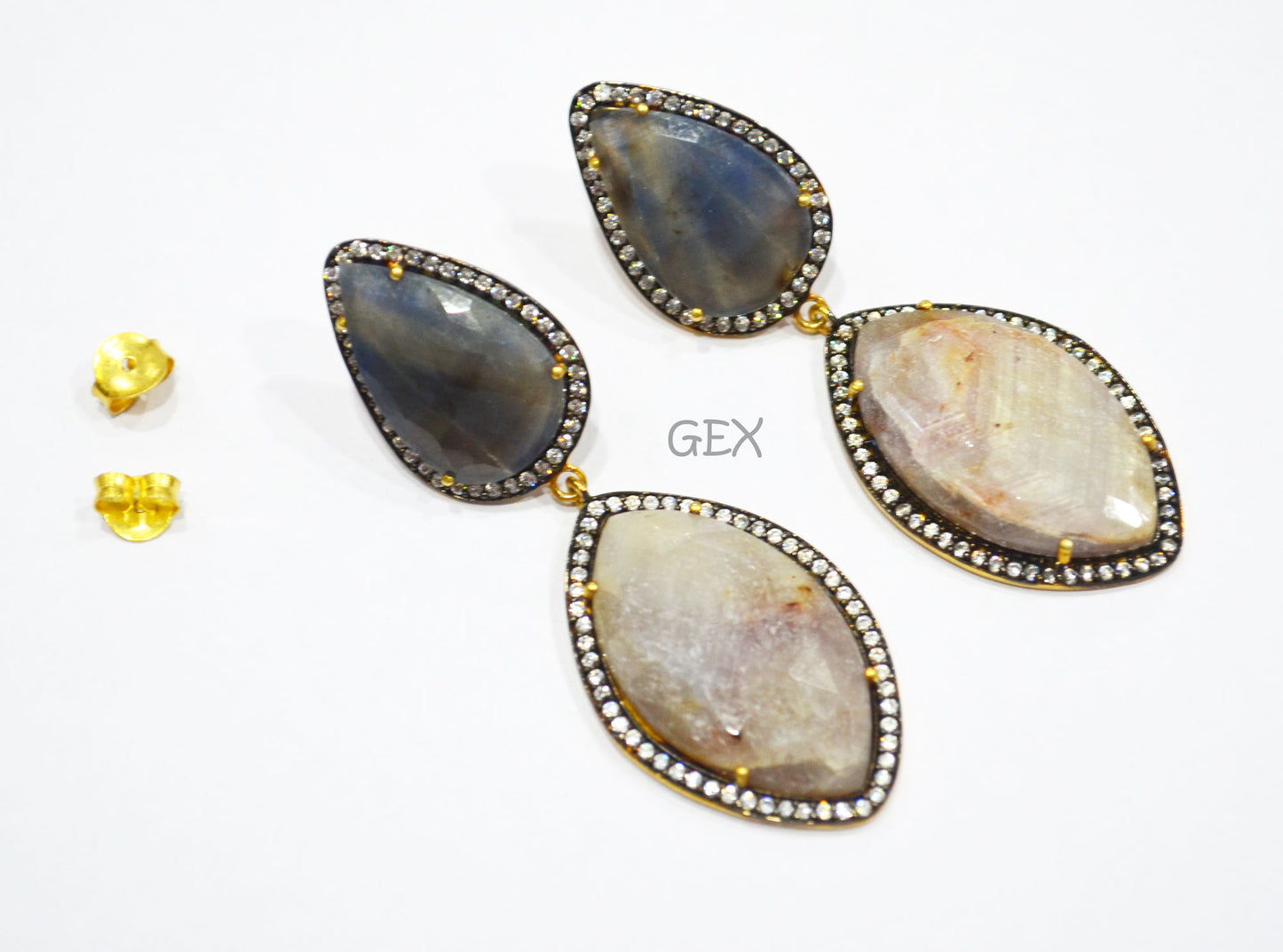 92.5 Sterling Silver Shaded Blue And Gray Sapphire Faceted Fancy Shape Earring , Shaded Blue And Gray Sapphire With Pave Cubic Zirconia Earring , 62 mm , E-032