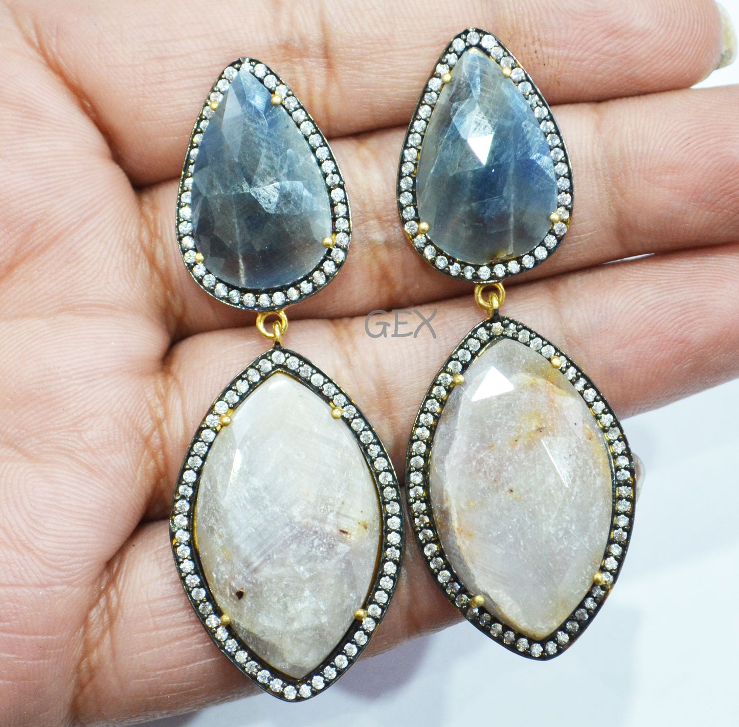 92.5 Sterling Silver Shaded Blue And Gray Sapphire Faceted Fancy Shape Earring , Shaded Blue And Gray Sapphire With Pave Cubic Zirconia Earring , 62 mm , E-032