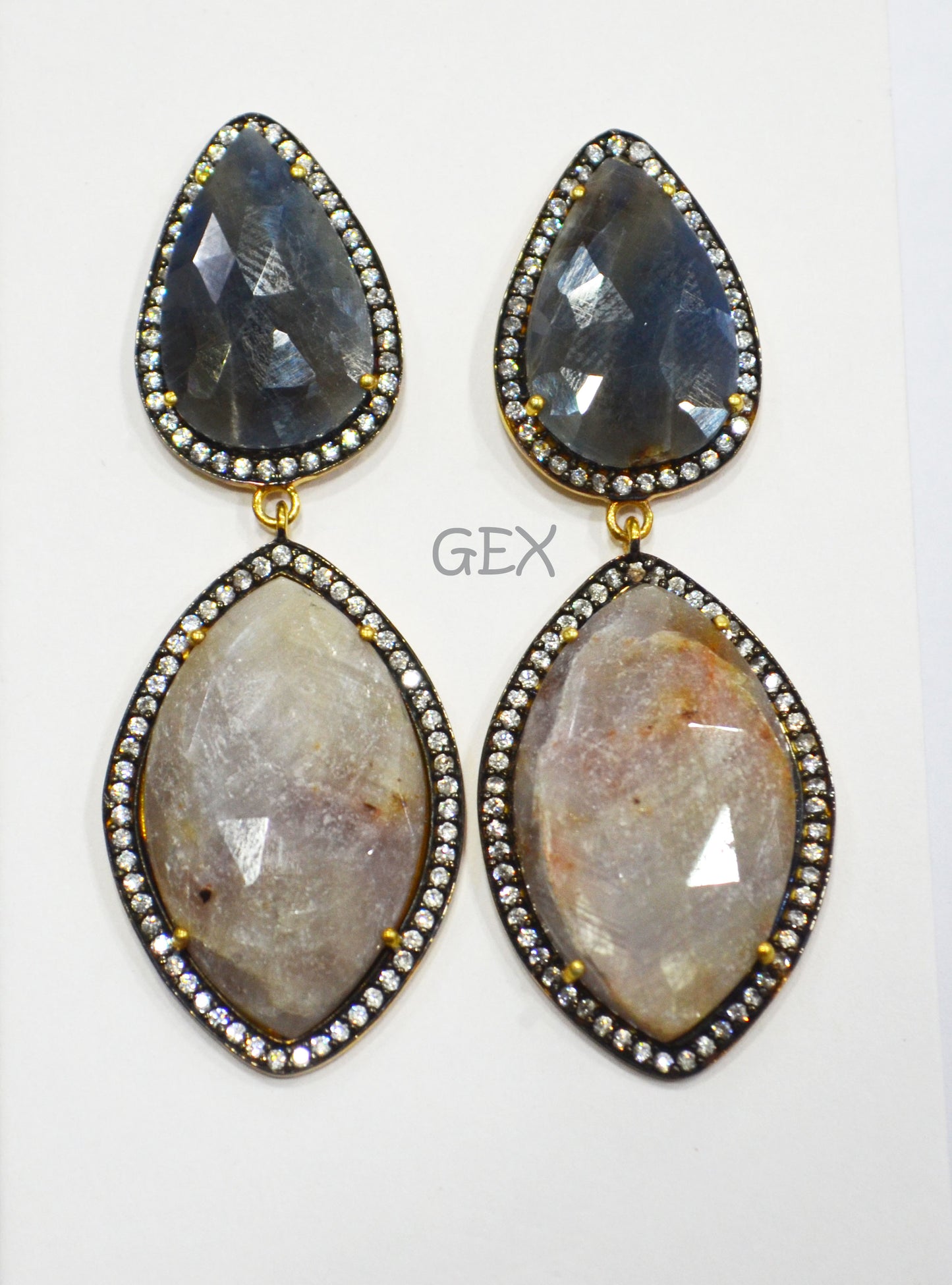 92.5 Sterling Silver Shaded Blue And Gray Sapphire Faceted Fancy Shape Earring , Shaded Blue And Gray Sapphire With Pave Cubic Zirconia Earring , 62 mm , E-032