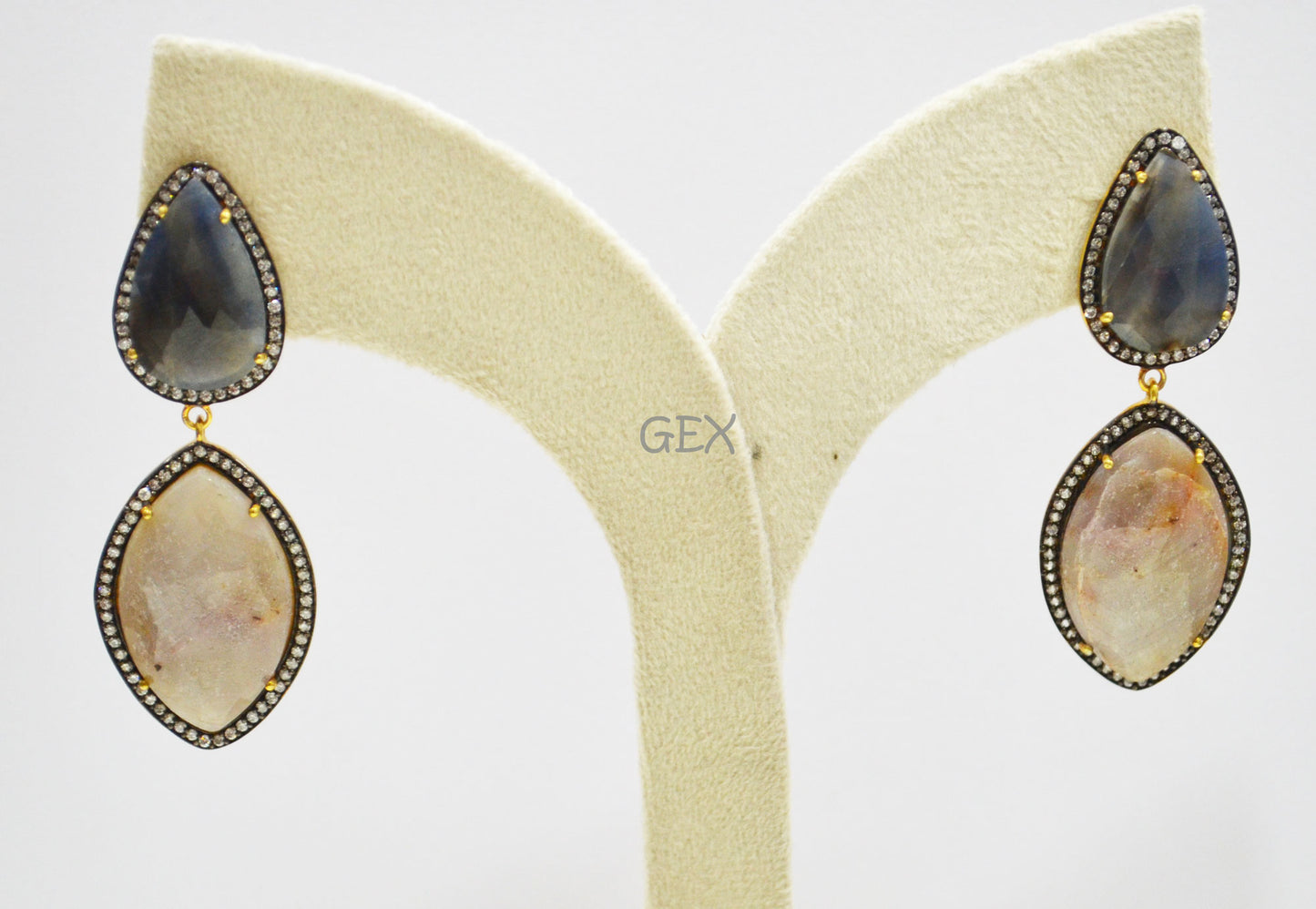 92.5 Sterling Silver Shaded Blue And Gray Sapphire Faceted Fancy Shape Earring , Shaded Blue And Gray Sapphire With Pave Cubic Zirconia Earring , 62 mm , E-032