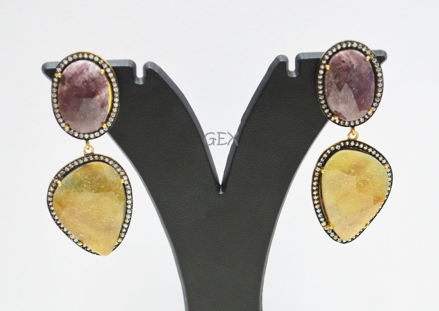 92.5 Sterling Silver Shaded Ruby And Yellow Sapphire Faceted Fancy Shape Earring , Shaded Ruby And Yellow Sapphire With Pave Cubic Zirconia Earring , 58 mm , E-033