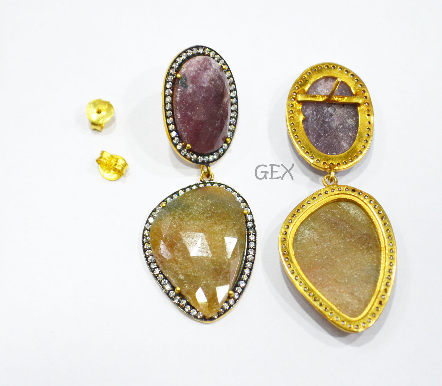 92.5 Sterling Silver Shaded Ruby And Yellow Sapphire Faceted Fancy Shape Earring , Shaded Ruby And Yellow Sapphire With Pave Cubic Zirconia Earring , 58 mm , E-033