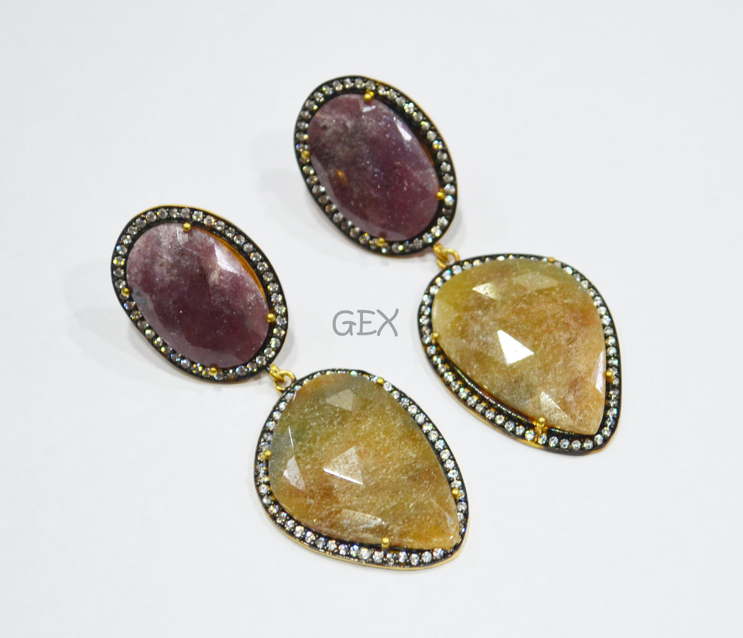 92.5 Sterling Silver Shaded Ruby And Yellow Sapphire Faceted Fancy Shape Earring , Shaded Ruby And Yellow Sapphire With Pave Cubic Zirconia Earring , 58 mm , E-033