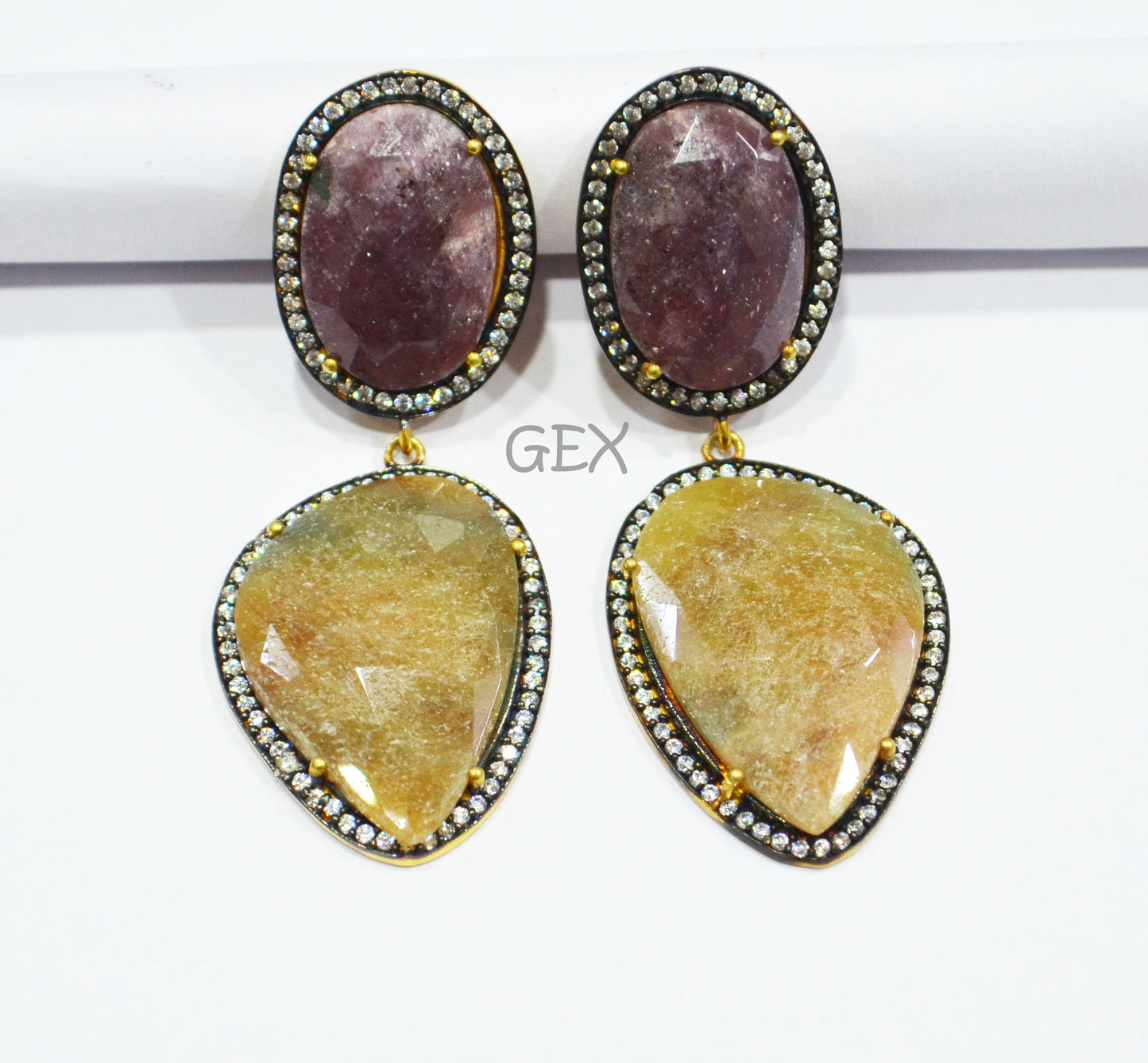 92.5 Sterling Silver Shaded Ruby And Yellow Sapphire Faceted Fancy Shape Earring , Shaded Ruby And Yellow Sapphire With Pave Cubic Zirconia Earring , 58 mm , E-033