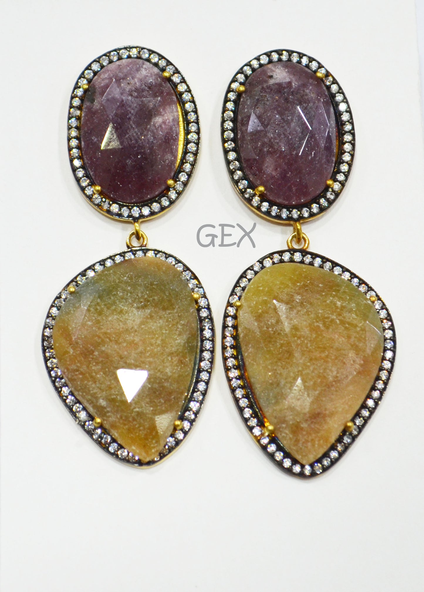 92.5 Sterling Silver Shaded Ruby And Yellow Sapphire Faceted Fancy Shape Earring , Shaded Ruby And Yellow Sapphire With Pave Cubic Zirconia Earring , 58 mm , E-033