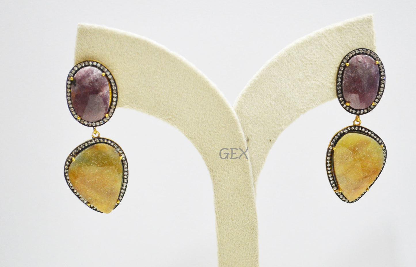 92.5 Sterling Silver Shaded Ruby And Yellow Sapphire Faceted Fancy Shape Earring , Shaded Ruby And Yellow Sapphire With Pave Cubic Zirconia Earring , 58 mm , E-033