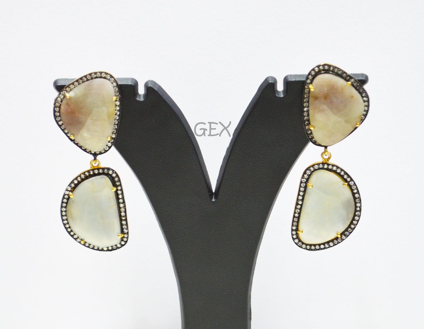 92.5 Sterling Silver Gray And Aqua Blue Sapphire Faceted Fancy Shape Earring , Gray And Aqua Blue Sapphire With Pave Cubic Zirconia Earring , 58 mm , E-034