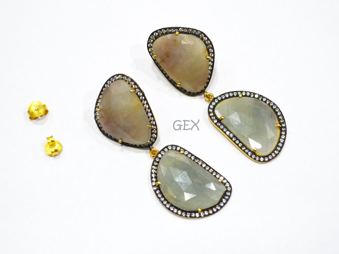 92.5 Sterling Silver Gray And Aqua Blue Sapphire Faceted Fancy Shape Earring , Gray And Aqua Blue Sapphire With Pave Cubic Zirconia Earring , 58 mm , E-034