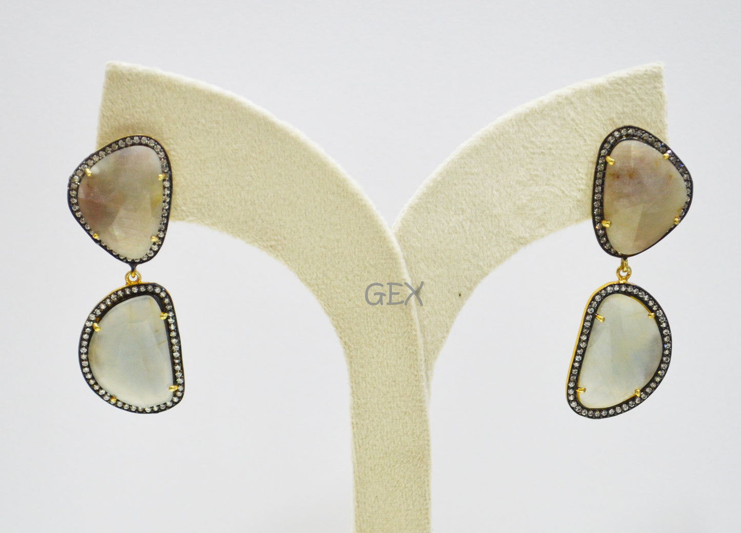92.5 Sterling Silver Gray And Aqua Blue Sapphire Faceted Fancy Shape Earring , Gray And Aqua Blue Sapphire With Pave Cubic Zirconia Earring , 58 mm , E-034