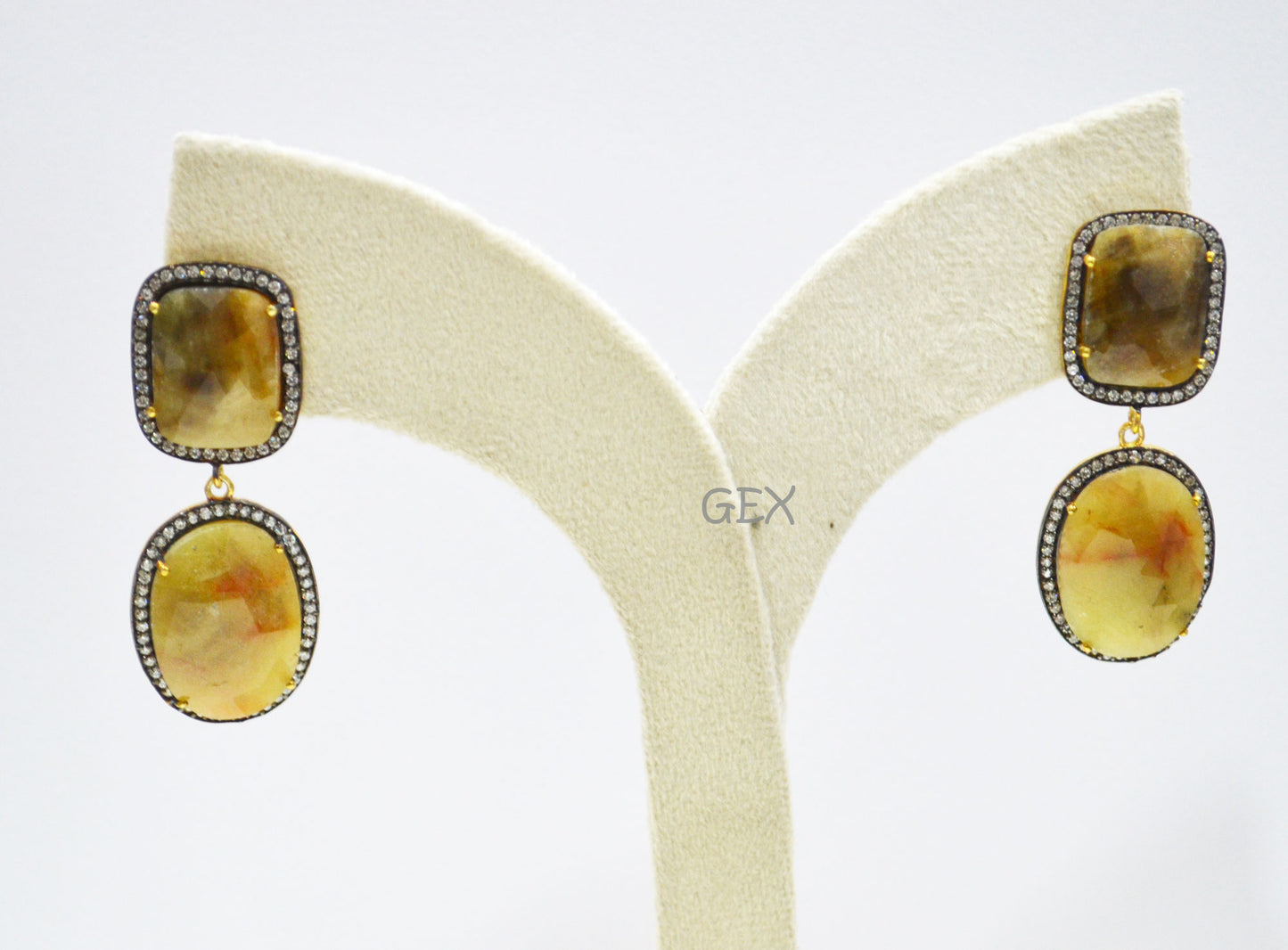 92.5 Sterling Silver Shaded Yellow Sapphire Faceted Fancy Shape Earring , Shaded Yellow Sapphire With Pave Cubic Zirconia Earring , 50 mm , E-035