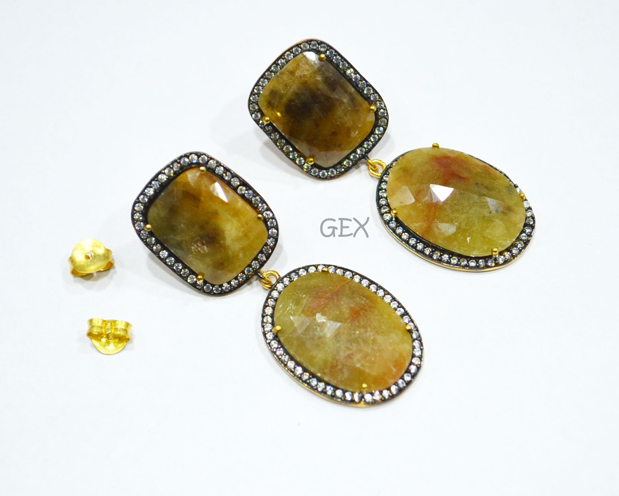 92.5 Sterling Silver Shaded Yellow Sapphire Faceted Fancy Shape Earring , Shaded Yellow Sapphire With Pave Cubic Zirconia Earring , 50 mm , E-035