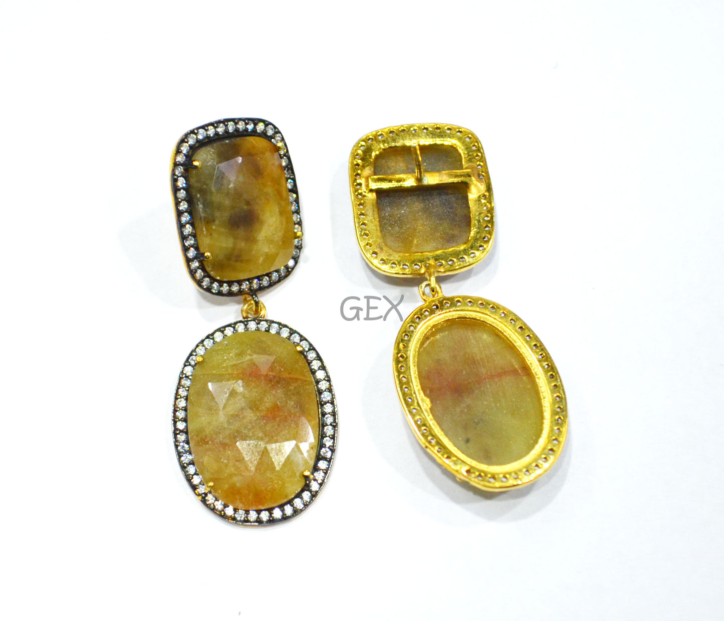 92.5 Sterling Silver Shaded Yellow Sapphire Faceted Fancy Shape Earring , Shaded Yellow Sapphire With Pave Cubic Zirconia Earring , 50 mm , E-035