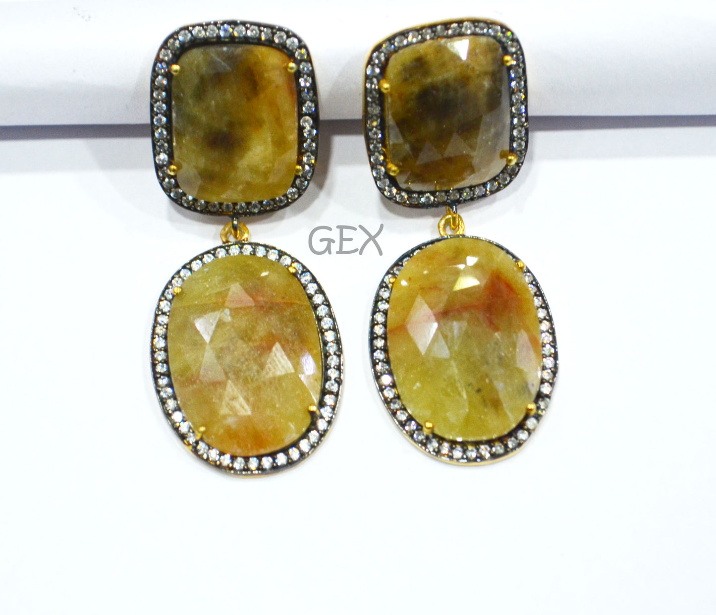 92.5 Sterling Silver Shaded Yellow Sapphire Faceted Fancy Shape Earring , Shaded Yellow Sapphire With Pave Cubic Zirconia Earring , 50 mm , E-035