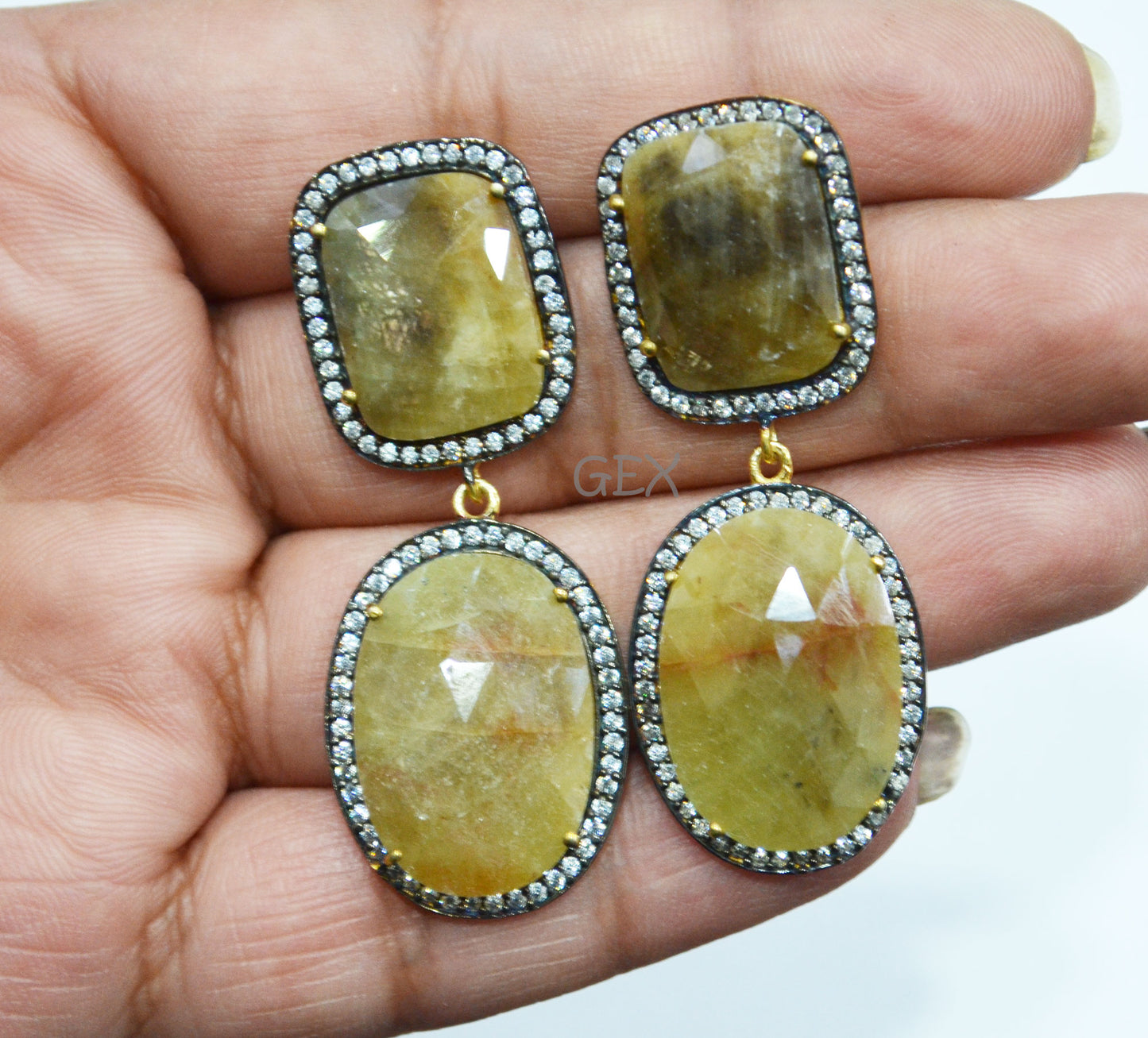 92.5 Sterling Silver Shaded Yellow Sapphire Faceted Fancy Shape Earring , Shaded Yellow Sapphire With Pave Cubic Zirconia Earring , 50 mm , E-035