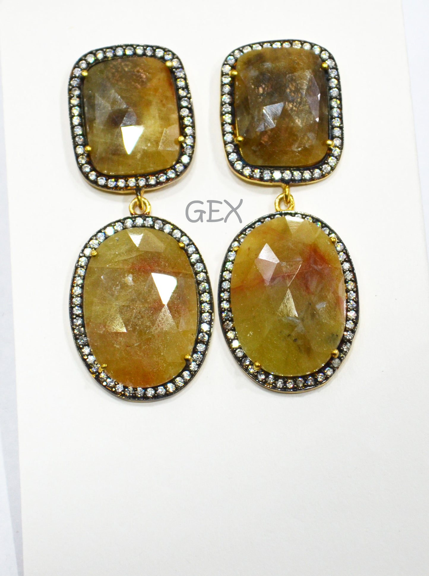92.5 Sterling Silver Shaded Yellow Sapphire Faceted Fancy Shape Earring , Shaded Yellow Sapphire With Pave Cubic Zirconia Earring , 50 mm , E-035