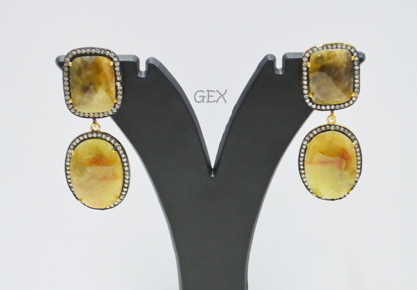 92.5 Sterling Silver Shaded Yellow Sapphire Faceted Fancy Shape Earring , Shaded Yellow Sapphire With Pave Cubic Zirconia Earring , 50 mm , E-035