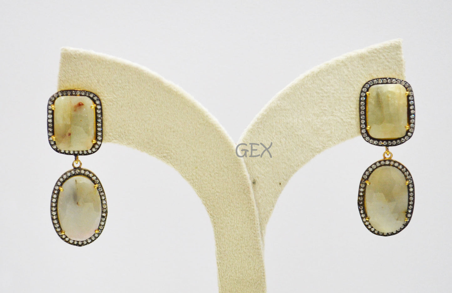 92.5 Sterling Silver Cream White And Gray Sapphire Faceted Fancy Shape Earring , Cream White And Gray Sapphire With Pave Cubic Zirconia Earring , 52 mm , E-036