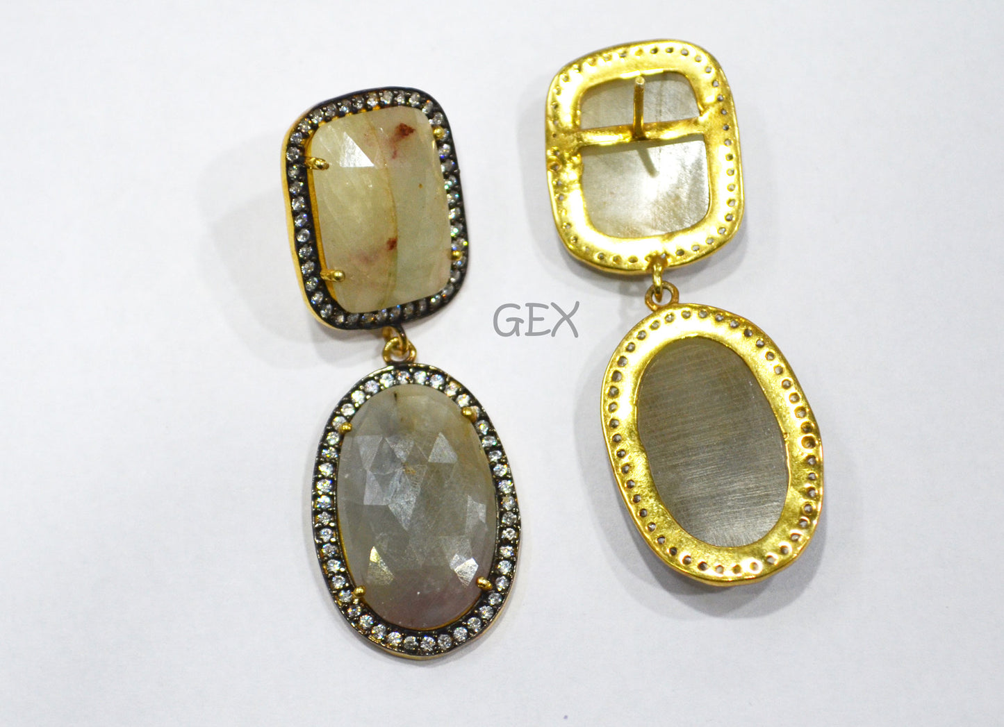 92.5 Sterling Silver Cream White And Gray Sapphire Faceted Fancy Shape Earring , Cream White And Gray Sapphire With Pave Cubic Zirconia Earring , 52 mm , E-036
