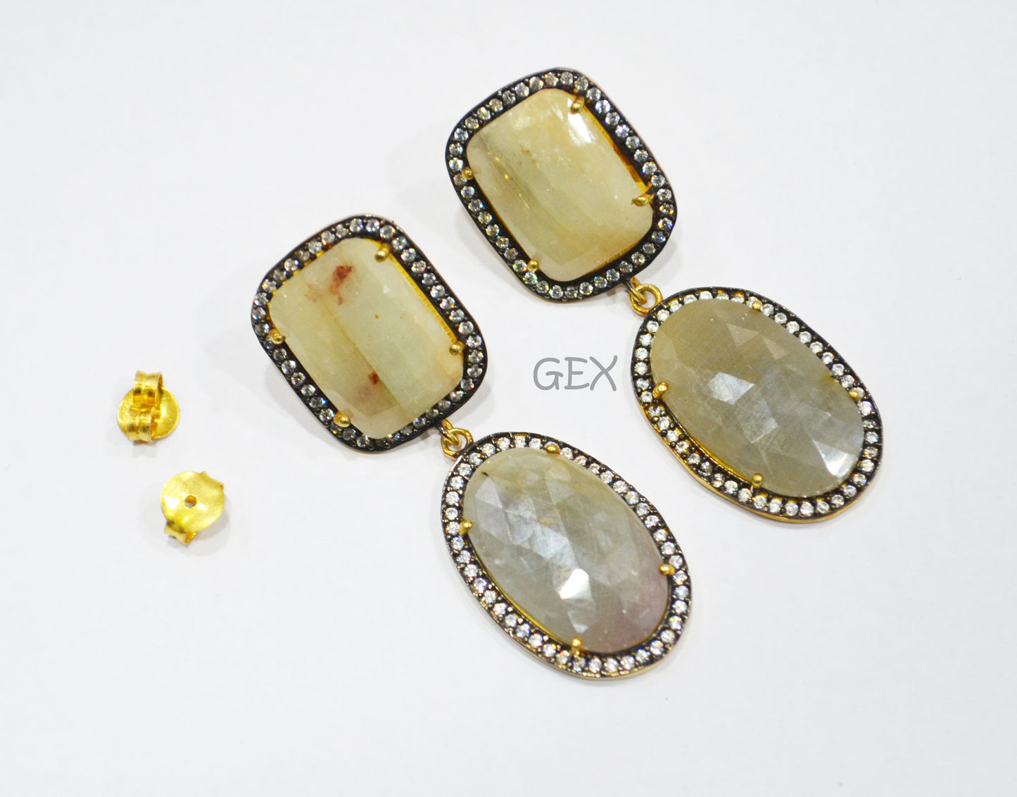 92.5 Sterling Silver Cream White And Gray Sapphire Faceted Fancy Shape Earring , Cream White And Gray Sapphire With Pave Cubic Zirconia Earring , 52 mm , E-036